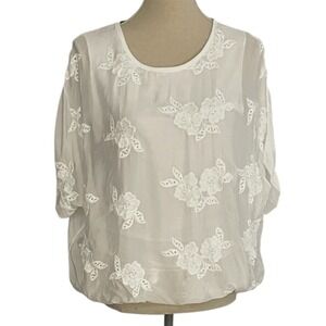 Tendenze Blouse Small White Silk Blend Floral Embroidered‎ Bubble Hem Italy